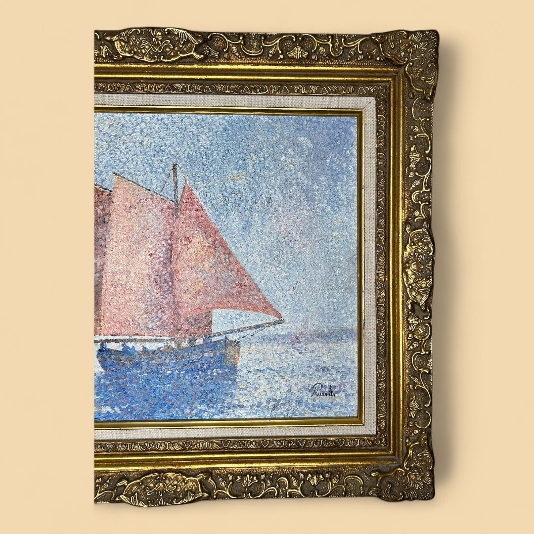 The Old Ship, Pointillist Landscape, Oil On Canvas Painting photo furniture