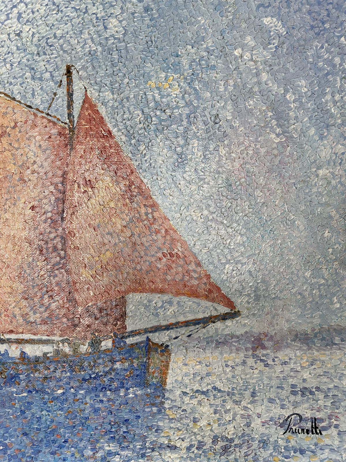The Old Ship, Pointillist Landscape, Oil On Canvas Painting photo Art