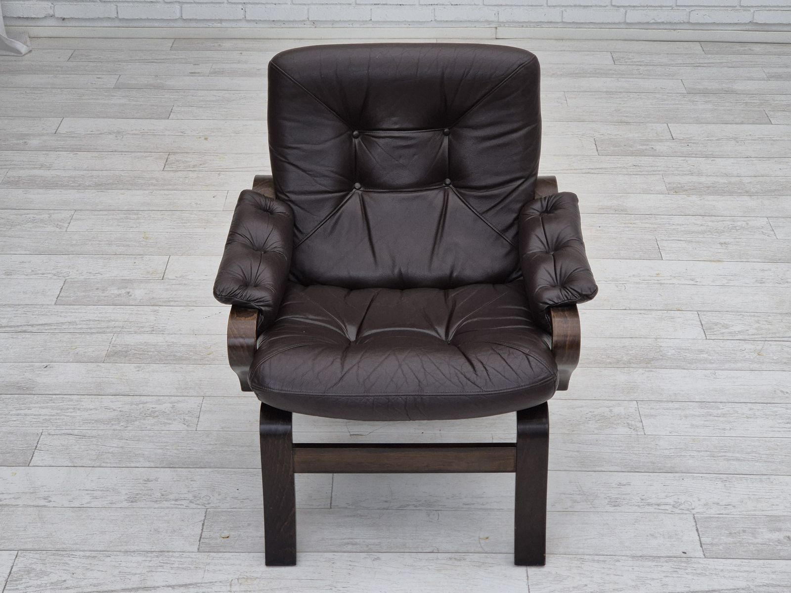 1970s, Scandinavian Lounge Chair In Original Condition, Brown Leather, Dark Bent Wood. photo 1100.0