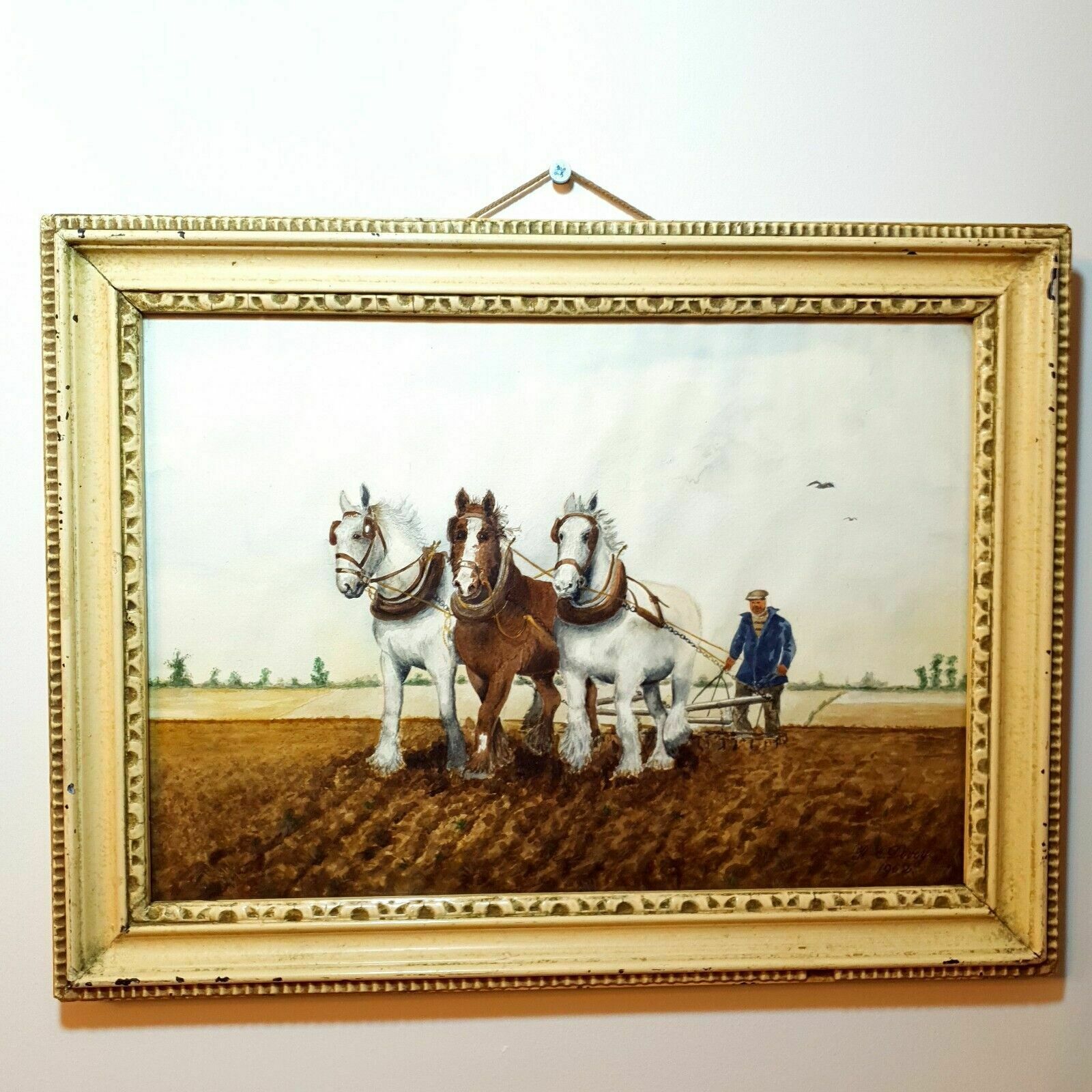 Artist Signed Watercolour Ploughing Horses & Farmer Framed Vintage Landscape Art