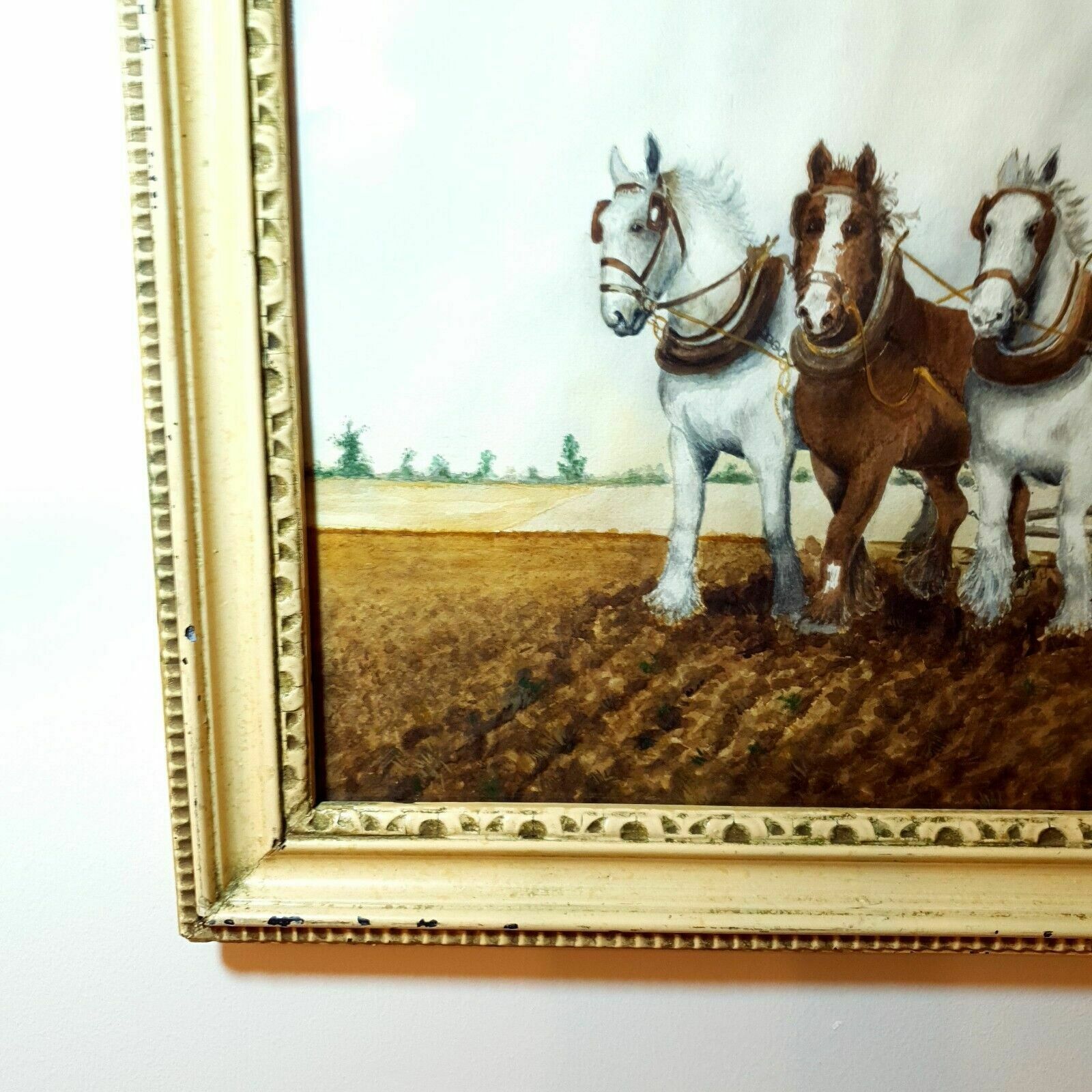 Artist Signed Watercolour Ploughing Horses & Farmer Framed Vintage Landscape Art photo vinterior