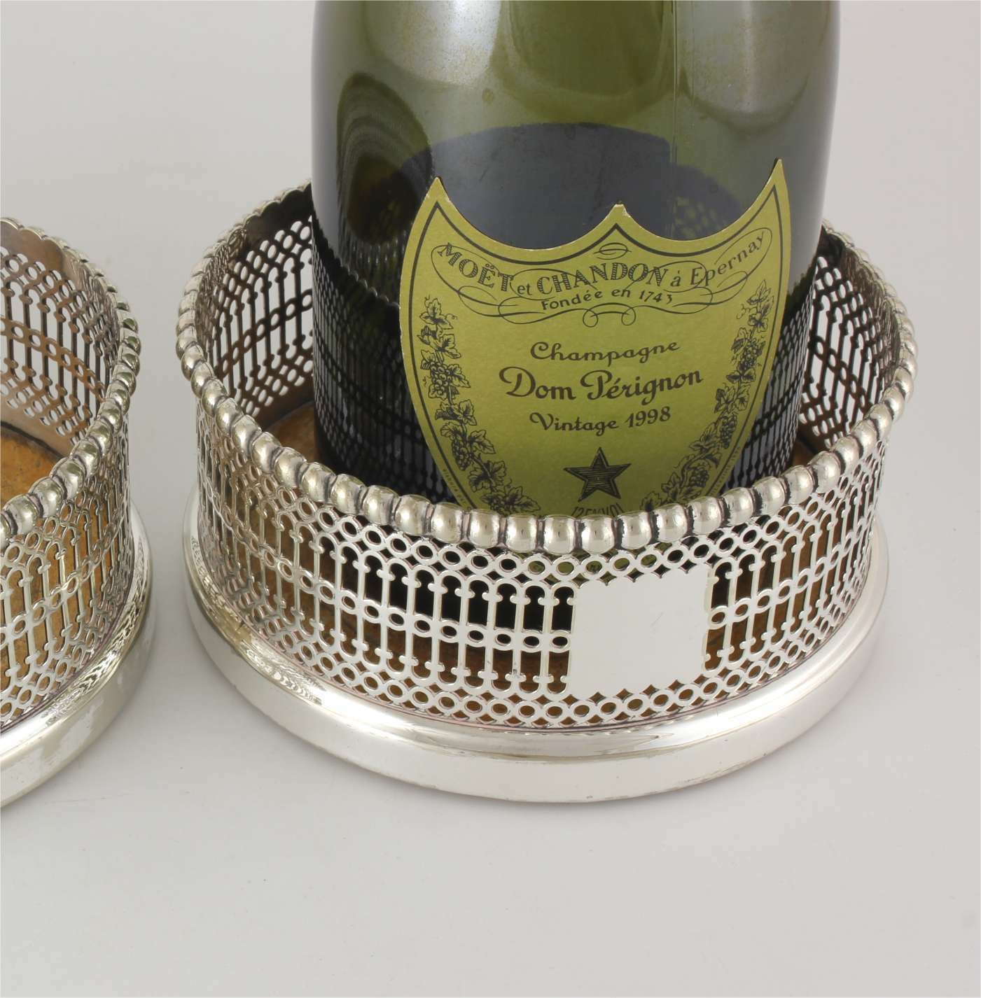Pair Large Wine Bottle Coasters. Silver Plate Champagne Holders. C1850. photo vinterior