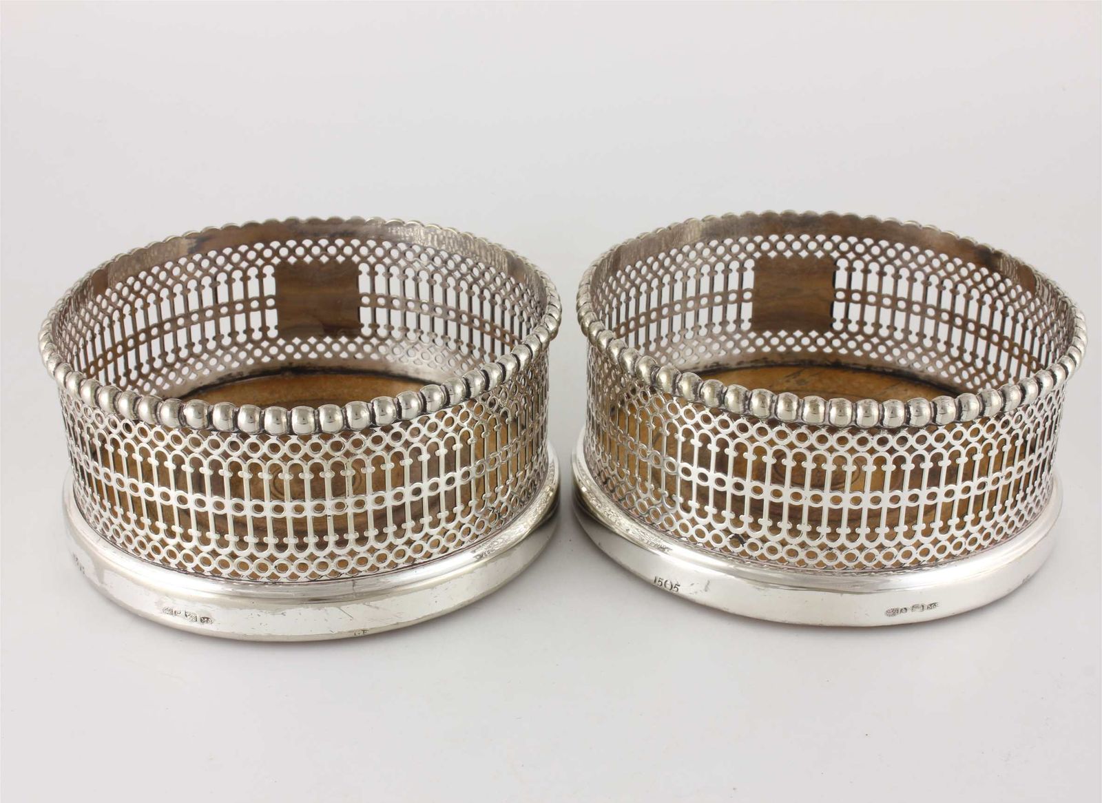 photo for sale Pair Large Wine Bottle Coasters. Silver Plate Champagne Holders. C1850.