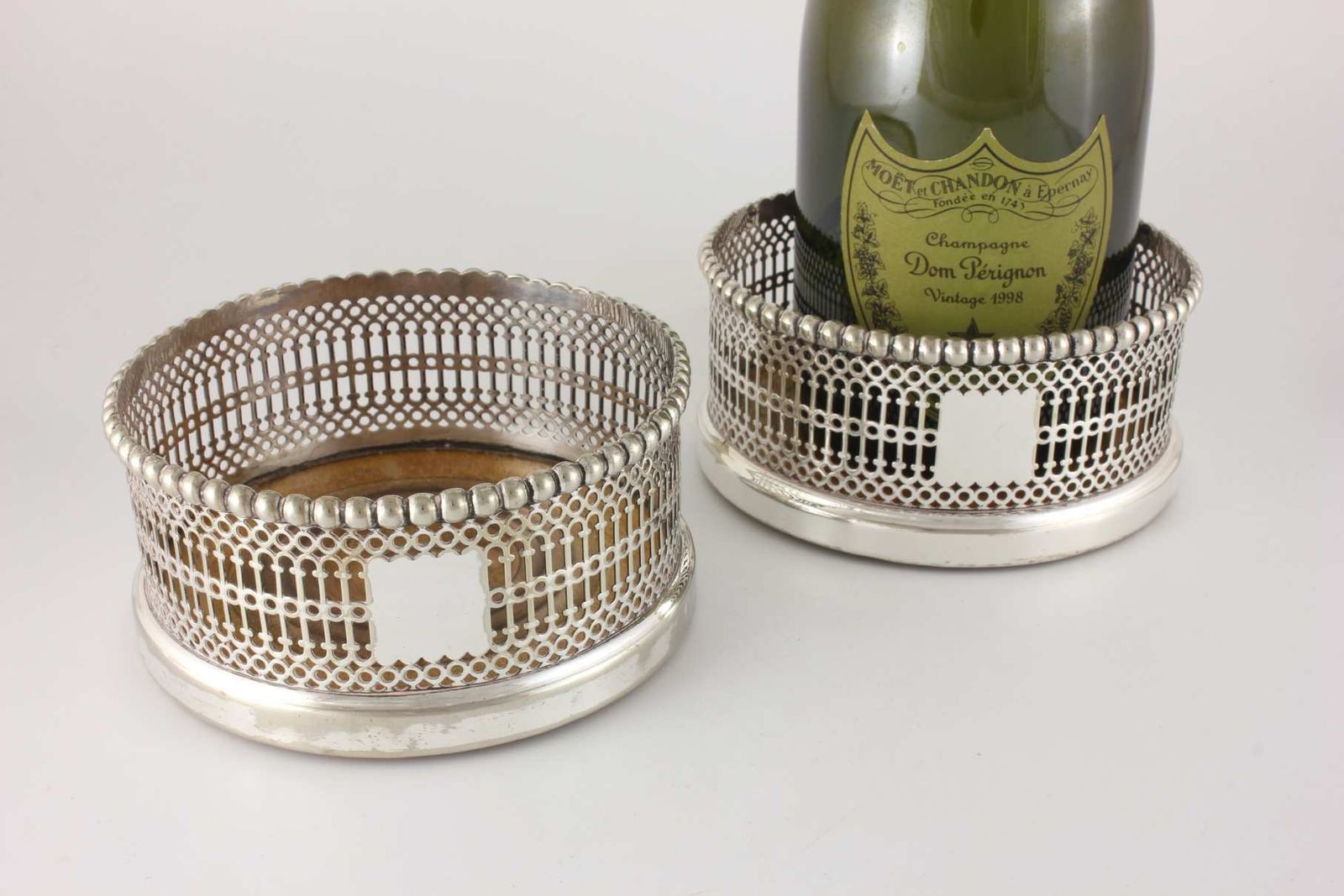310.0 Pair Large Wine Bottle Coasters. Silver Plate Champagne Holders. C1850. photo