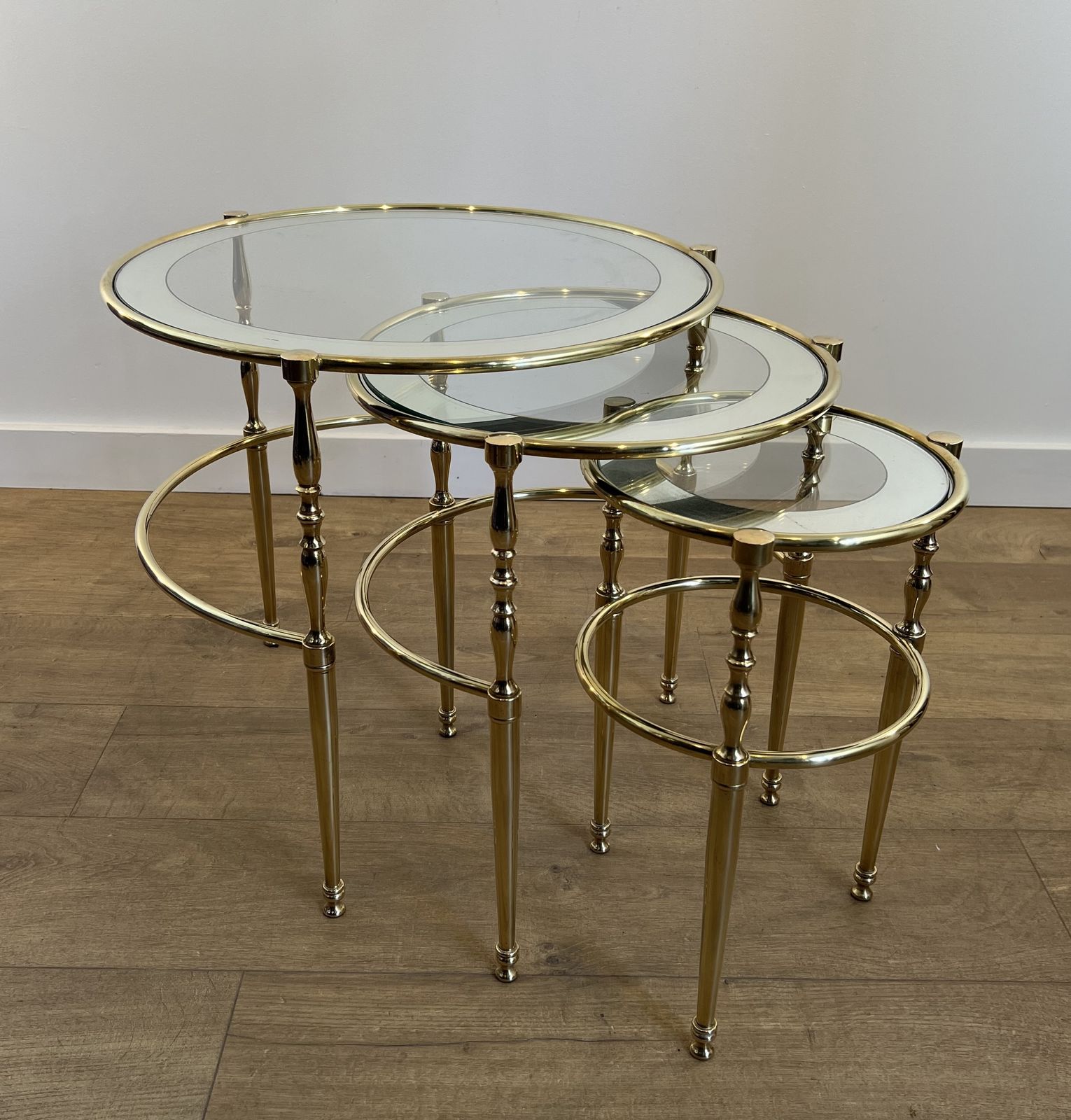 Set Of 3 Round Brass Nesting Tables With Glass Tops And Silver Rims photo buy
