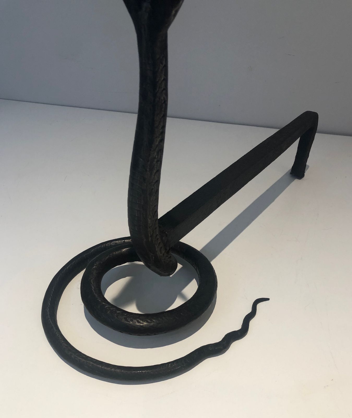 Pair Of Wrought Iron Cobra Andirons In The Style Of Edgar Brandt photo vinterior