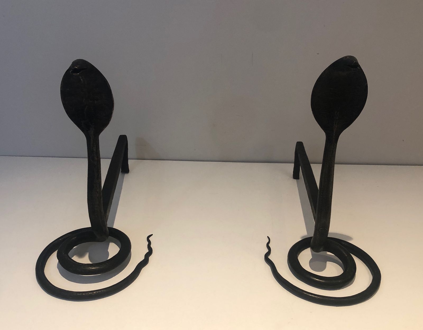 photo vintage Pair Of Wrought Iron Cobra Andirons In The Style Of Edgar Brandt