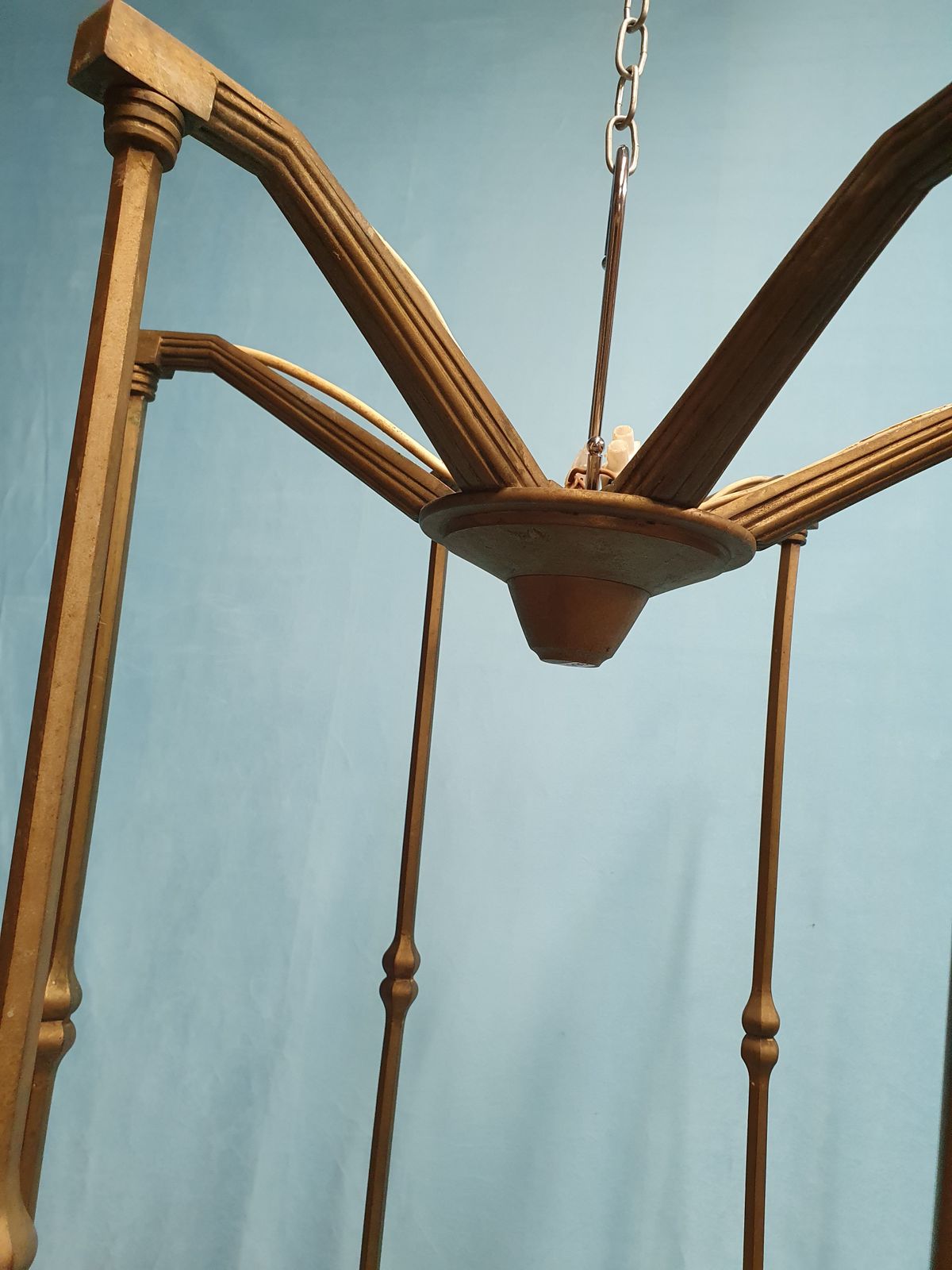 Early 20th Century Pair Of Large Brass Hall Lights With Glass Shades 26" photo Lighting