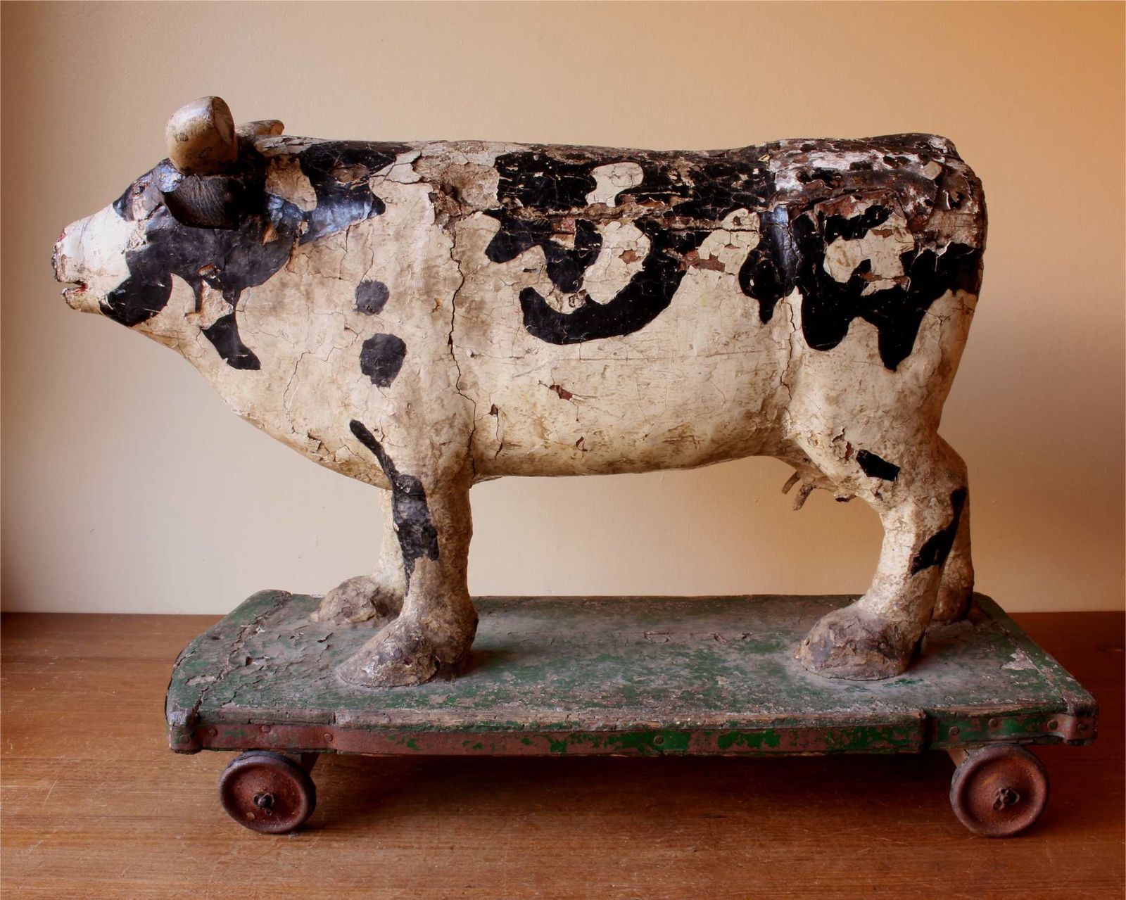 Antique Wooden Folk Art Cow Trolley. Rustic French Butchers Shop Display. photo furniture