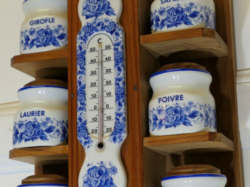 French Wall Hanging Blue And White Spice Jars With Thermometer photo Furniture