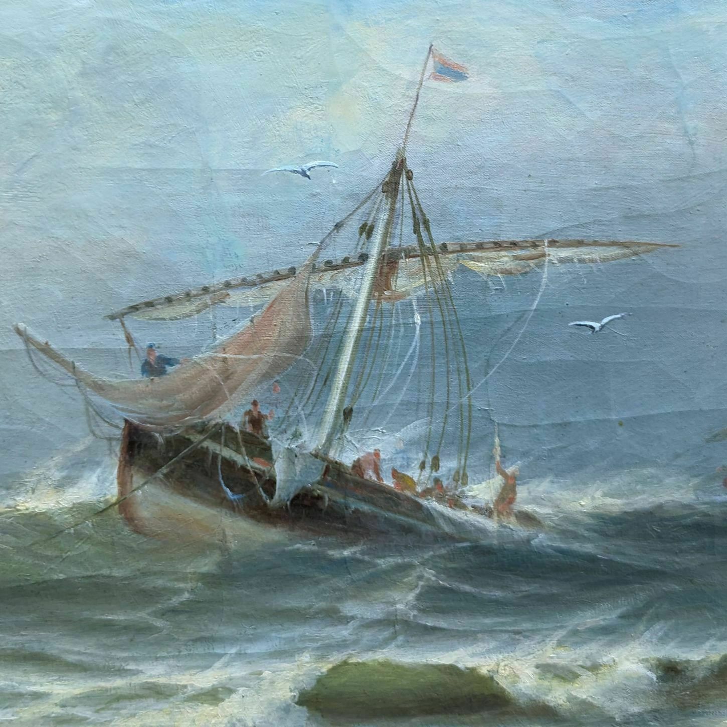 Marine Xixth Oil Painting On Canvas By F. Gautier photo vintage