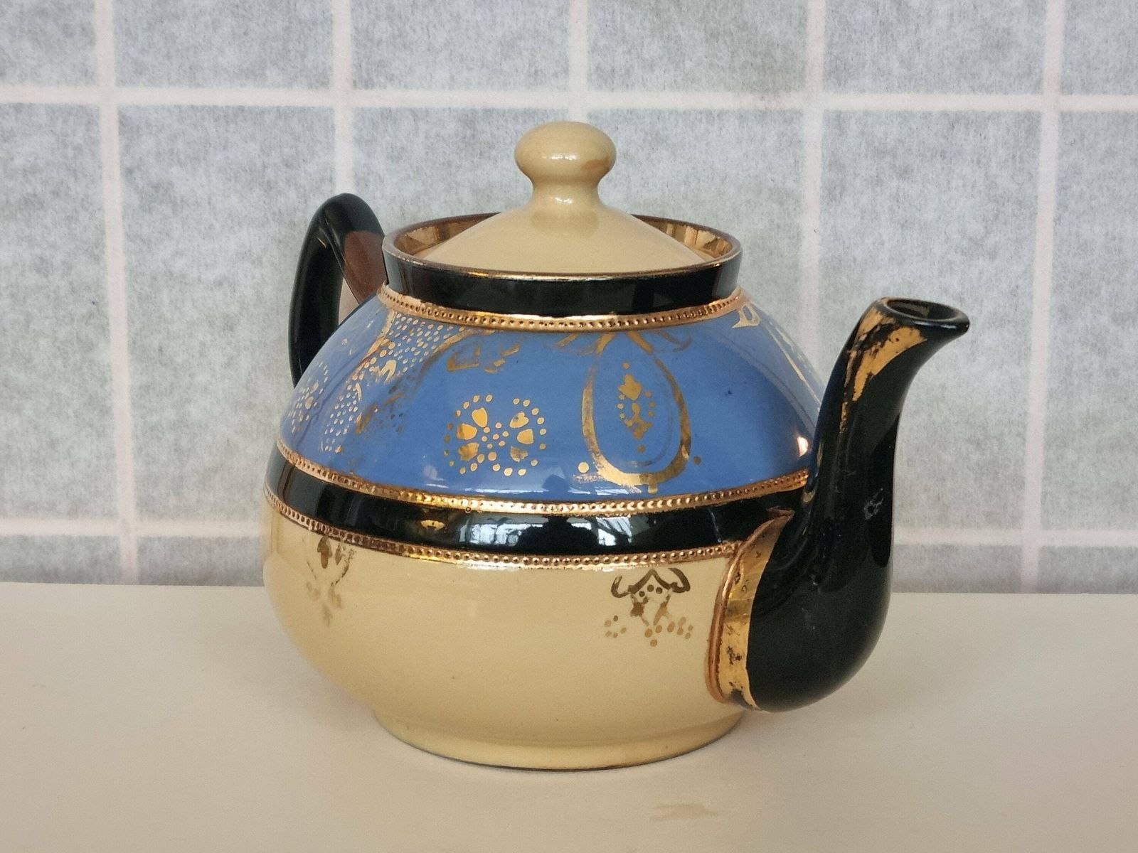 Antique Sadler Teapot Betty Cream Blue & Gilt English China photo for sale