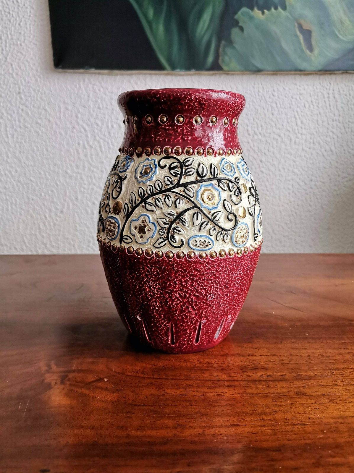 Colourful Hand Painted Vintage Vase / Pink Vase With Flower Motif And Gold Paint photo furniture