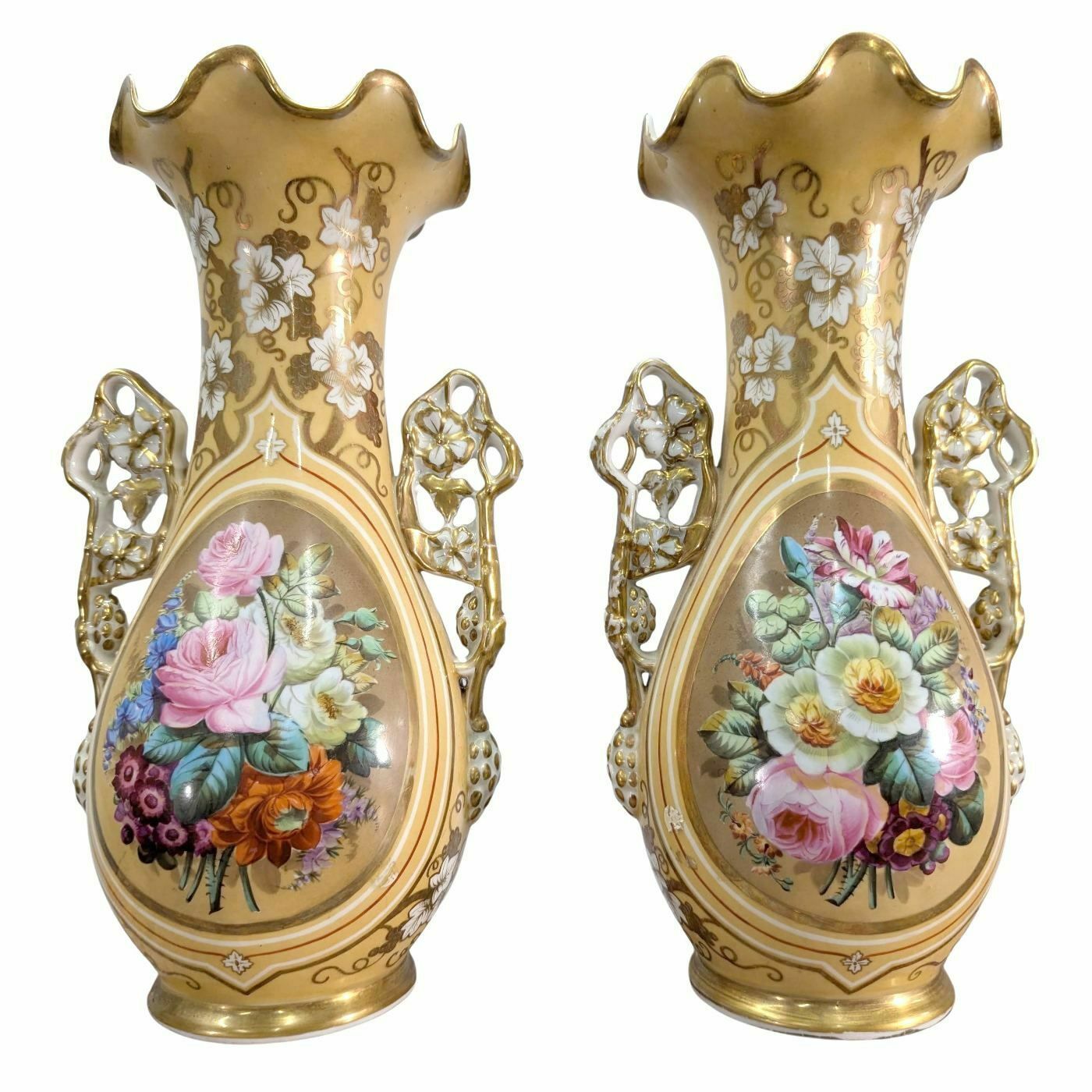 19th Century Paris Porcelain Vases Painted With Roses (Pair)