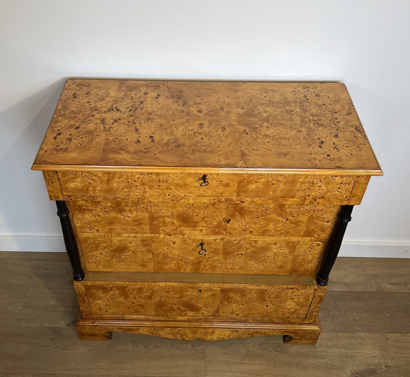 Small Biedermeier Style Chest Of Drawers With Four Drawers In Speckled Maple photo for sale