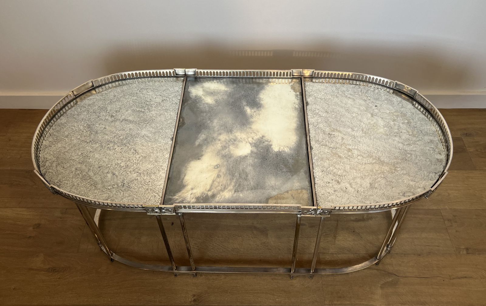Neoclassical Style Coffee Table In Silver Metal And Aged Mirror Tops photo Furniture