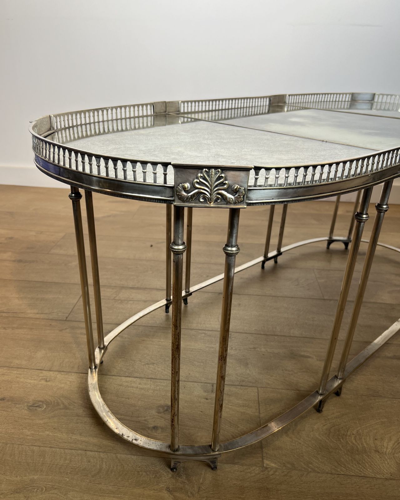 Neoclassical Style Coffee Table In Silver Metal And Aged Mirror Tops photo buy