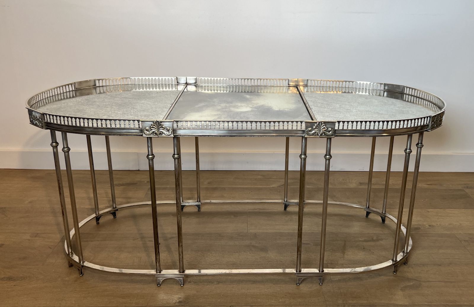 4950.0 Neoclassical Style Coffee Table In Silver Metal And Aged Mirror Tops photo