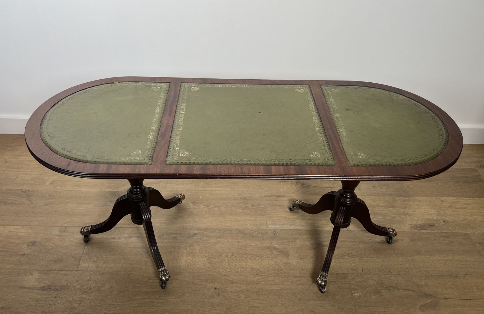1450.0 Neoclassical Style Coffee Table In Mahogany, Bronze Claw Legs And Green Leather Tops photo