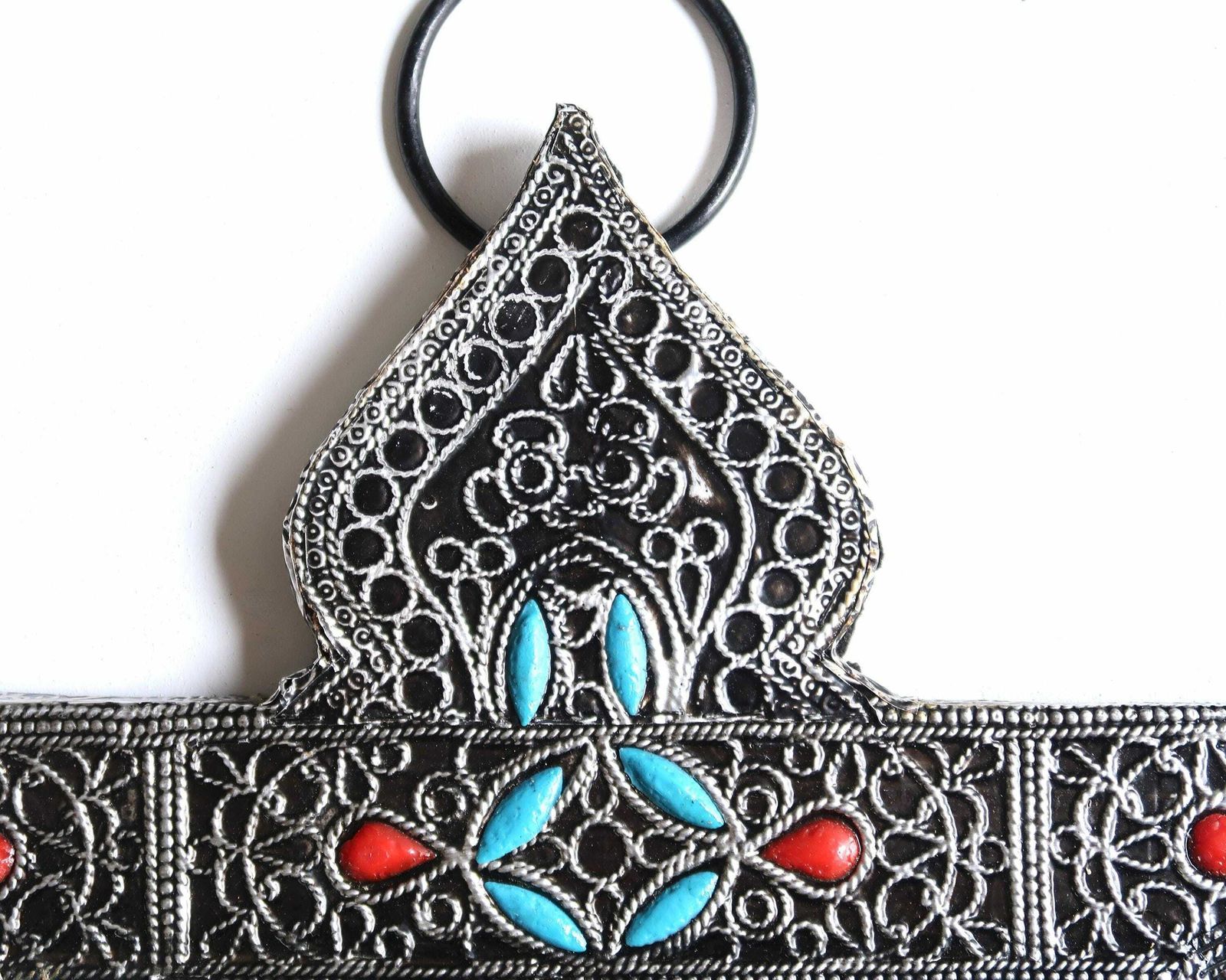 Berber Moroccan Triangular Metal Mirror With Red And Blue Turquoise Pearls, 1980s / Triangle, Folk, Morocco, Arab, Arabian photo for sale