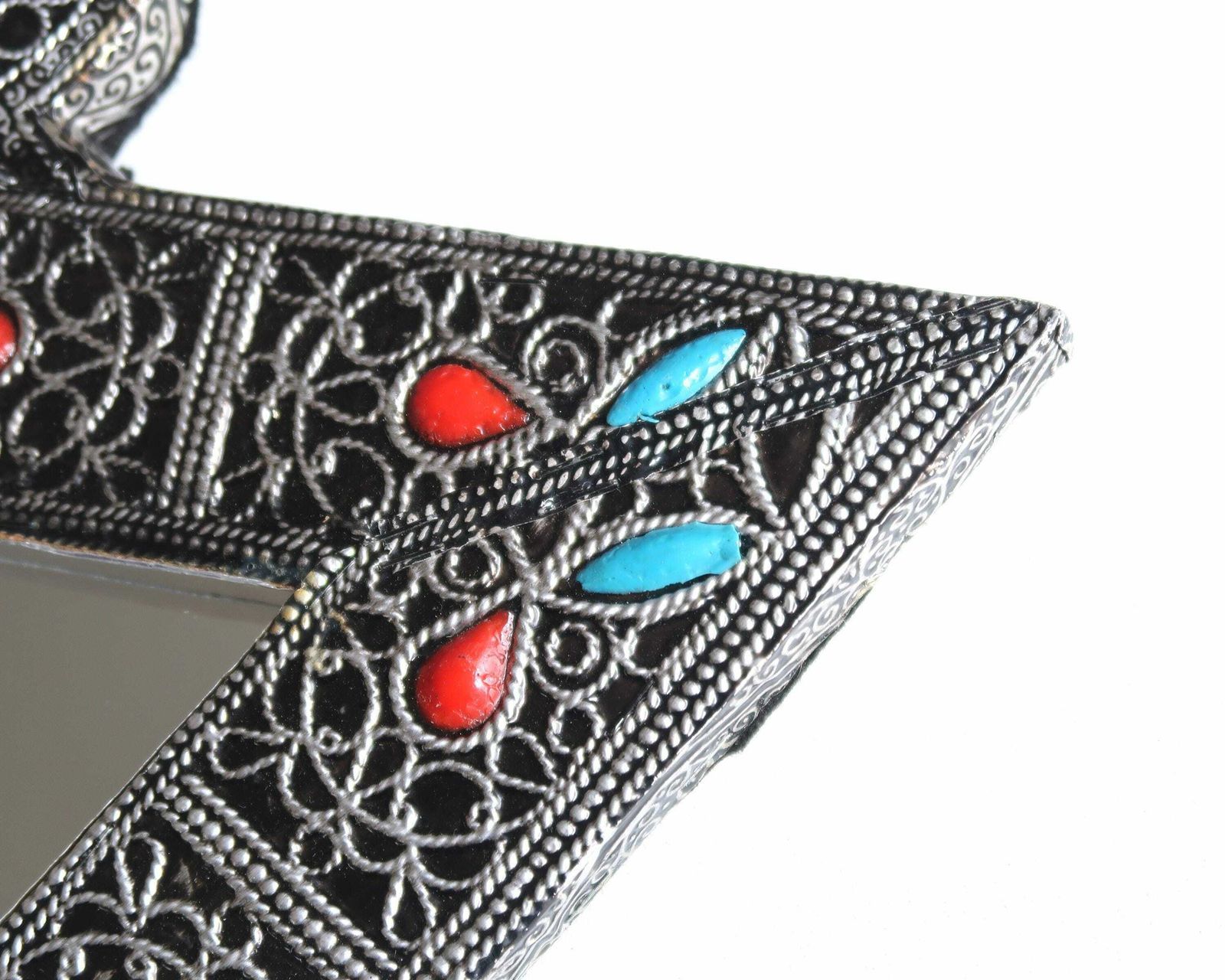 Berber Moroccan Triangular Metal Mirror With Red And Blue Turquoise Pearls, 1980s / Triangle, Folk, Morocco, Arab, Arabian photo Home Decor