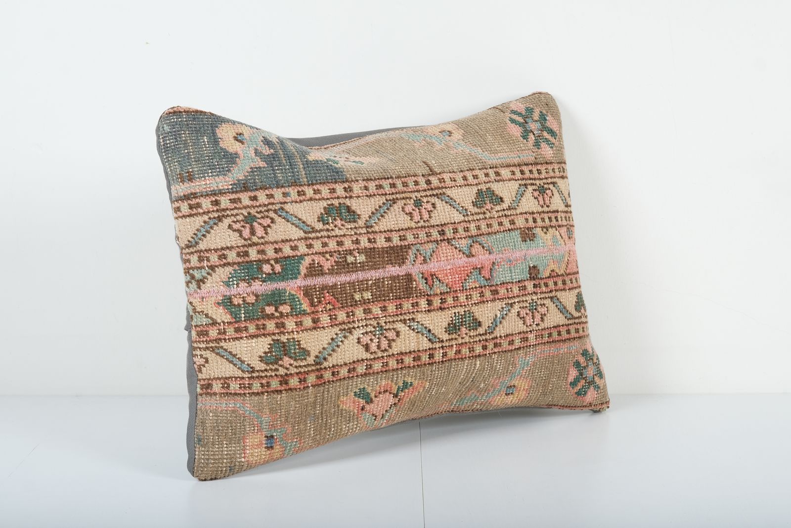 Vintage Muted Carpet Pillow, Faded Ethnic Turkish Yastik Pillow, Oushak Pillow Cover photo furniture