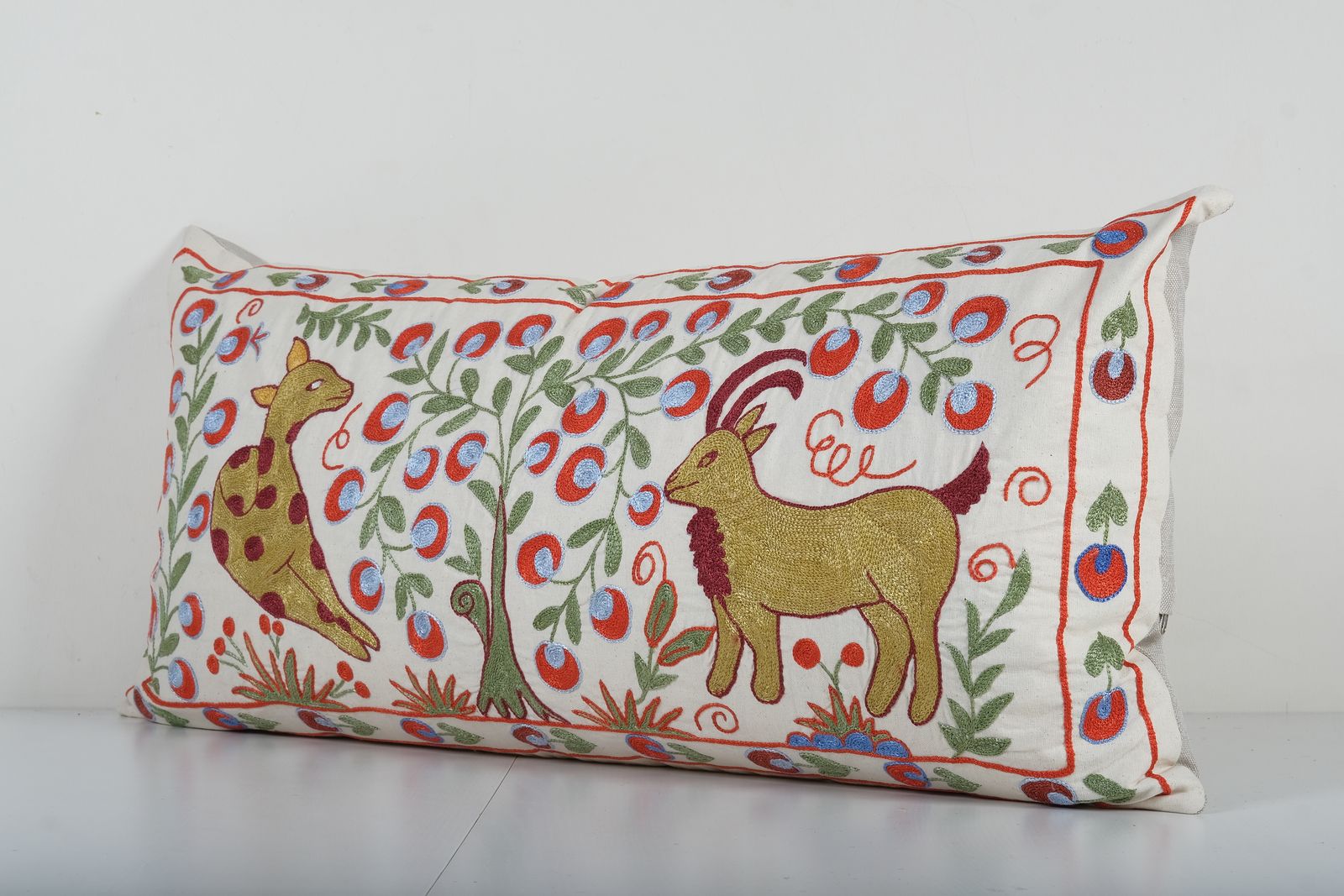 Tashkent Deer Floral Suzani Bedding Pillow Case Made From A 19th Century Suzani   Abstract Uzbek Pictorial Lumbar Cushion Cover photo for sale
