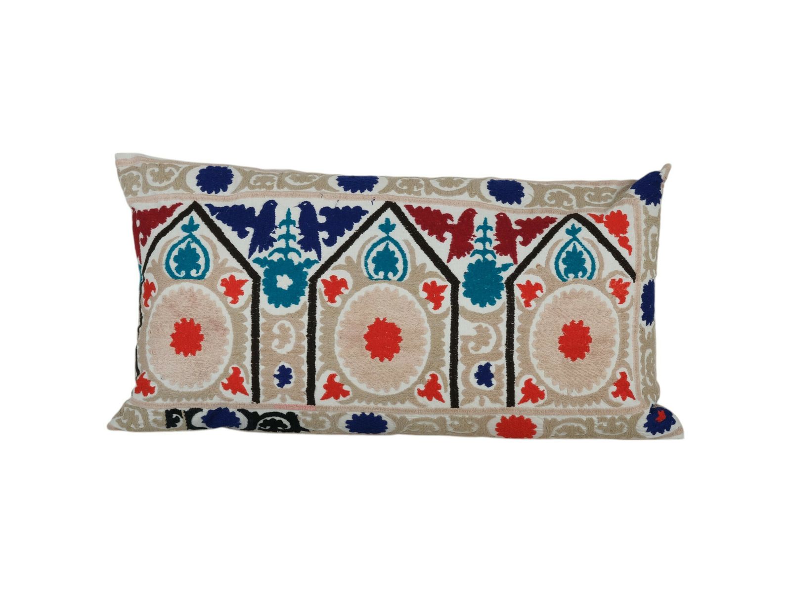 Vintage Suzani Lumbar Pillow Cover, Beige Bedding Cushion Cover, 1960s Handmade Bird Samarkand Uzbek Suzani Textile Art