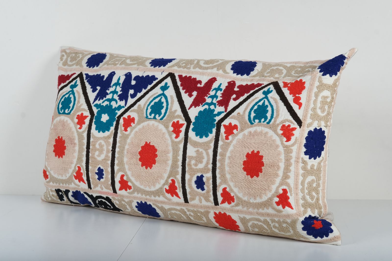 Vintage Suzani Lumbar Pillow Cover, Beige Bedding Cushion Cover, 1960s Handmade Bird Samarkand Uzbek Suzani Textile Art photo furniture