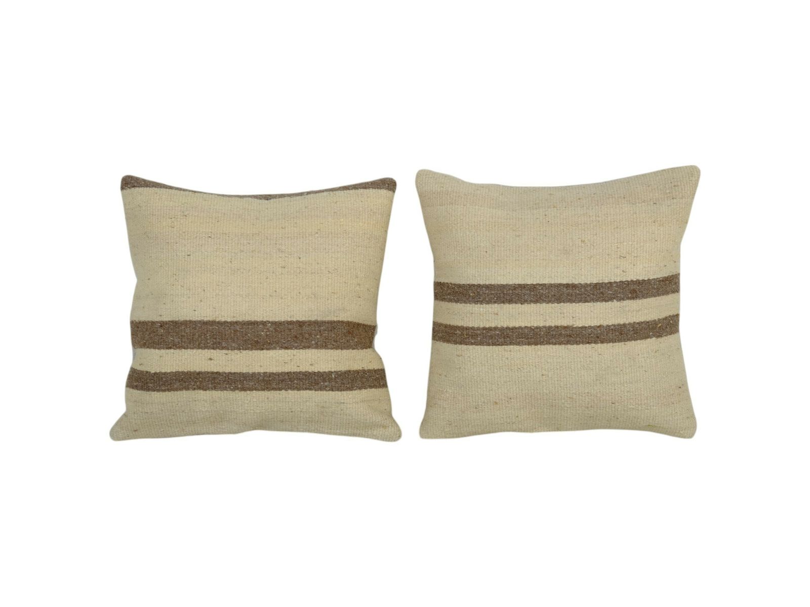 Traditional Turkish Hemp Decorative Kilim Pillow, Set Of Two Anatolian Striped Square Kilim Pillow Cover