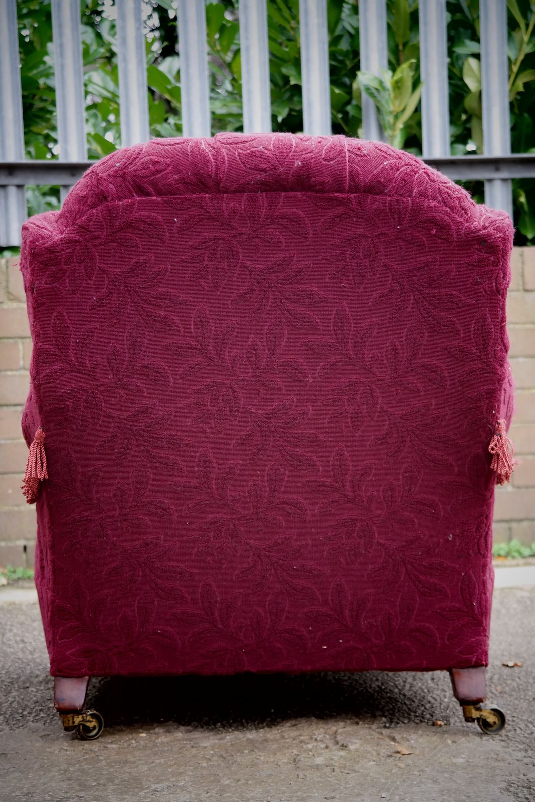 photo buy A Howard & Sons Buttoned Open Armchair In Heavy Burgundy Fabric