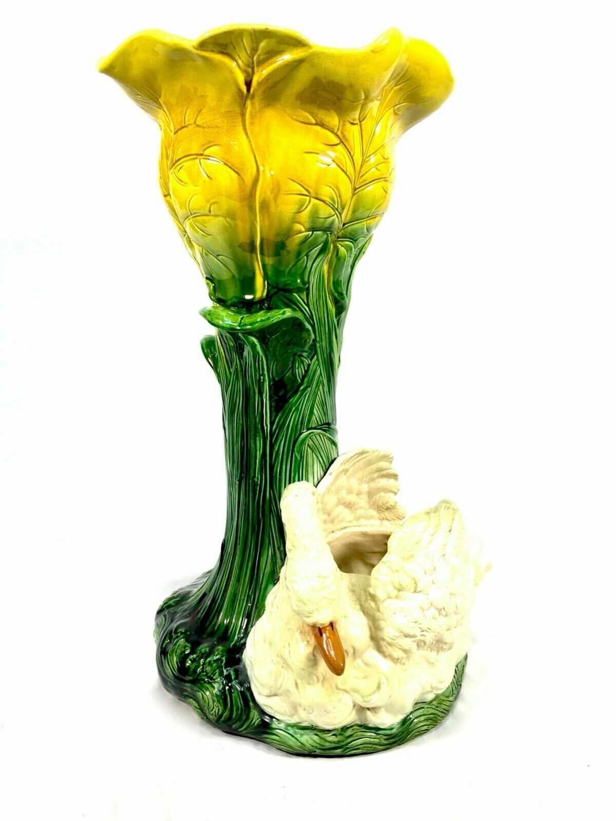499.0 Antique Bretby Ceramic Pottery Jardinier Plant Stand 19th Century Majolica Swan photo