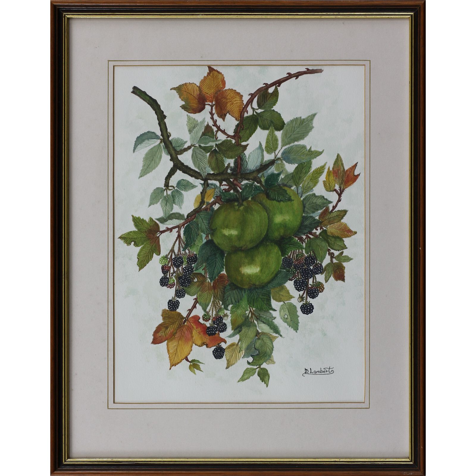 Watercolour By D. Lambert. Still Life. Title Is "Apple And Blackberry".
