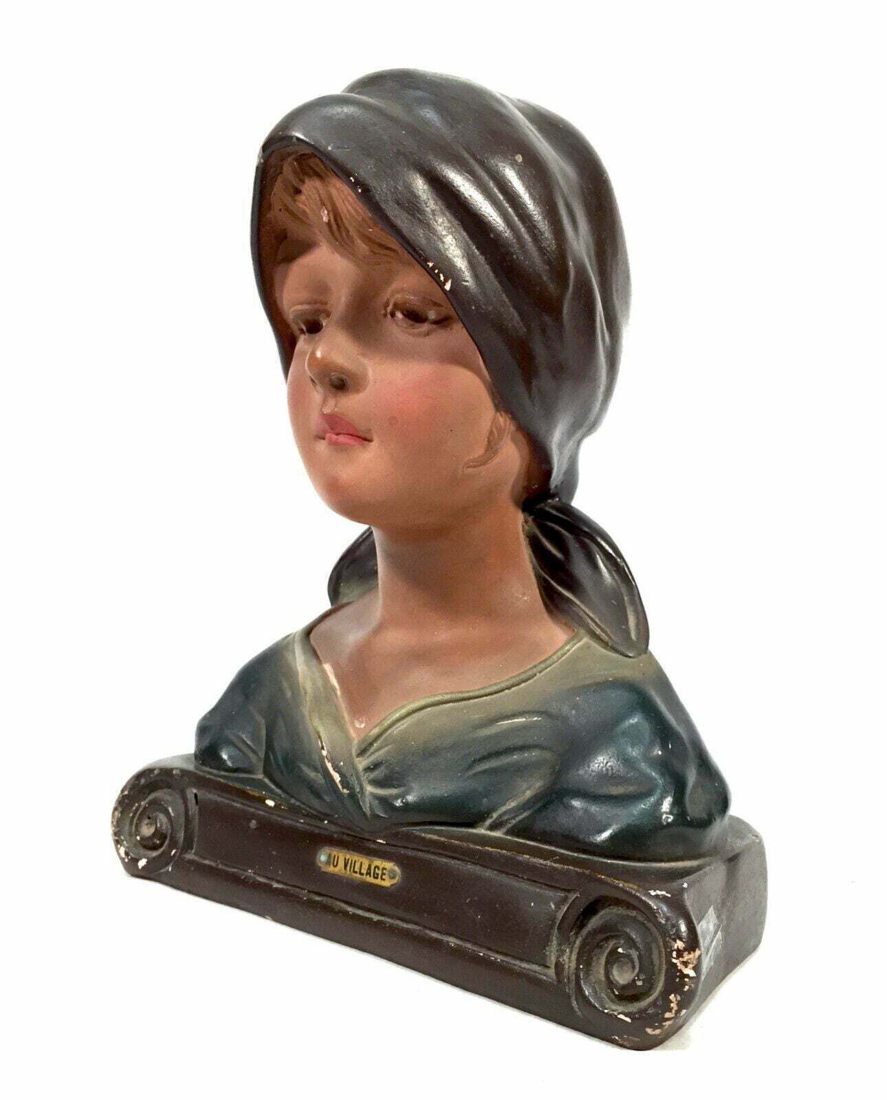 Antique Art Deco French Young Girl Plaster Portrait Bust / C.1930 photo for sale