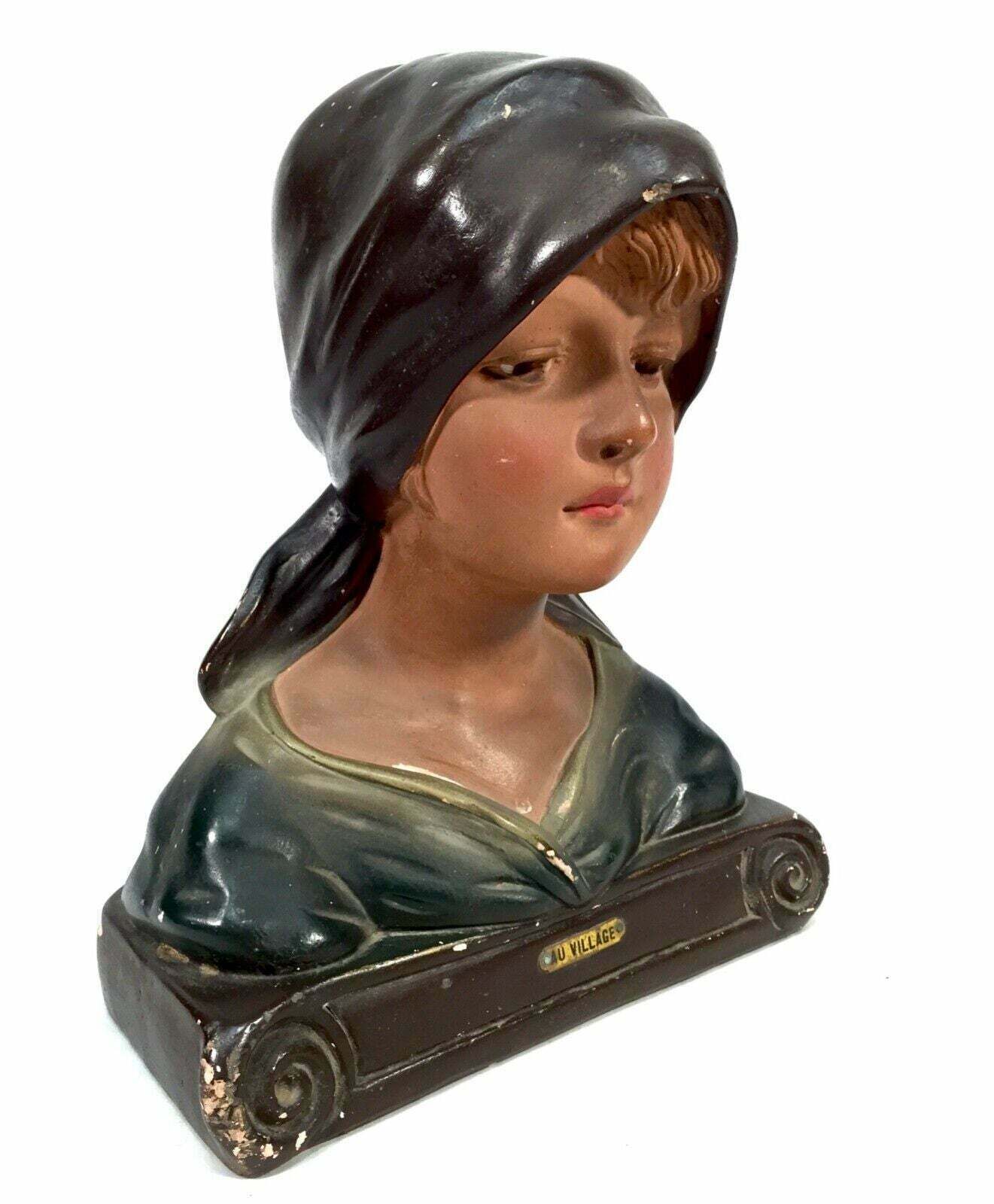 Antique Art Deco French Young Girl Plaster Portrait Bust / C.1930 photo 199.0