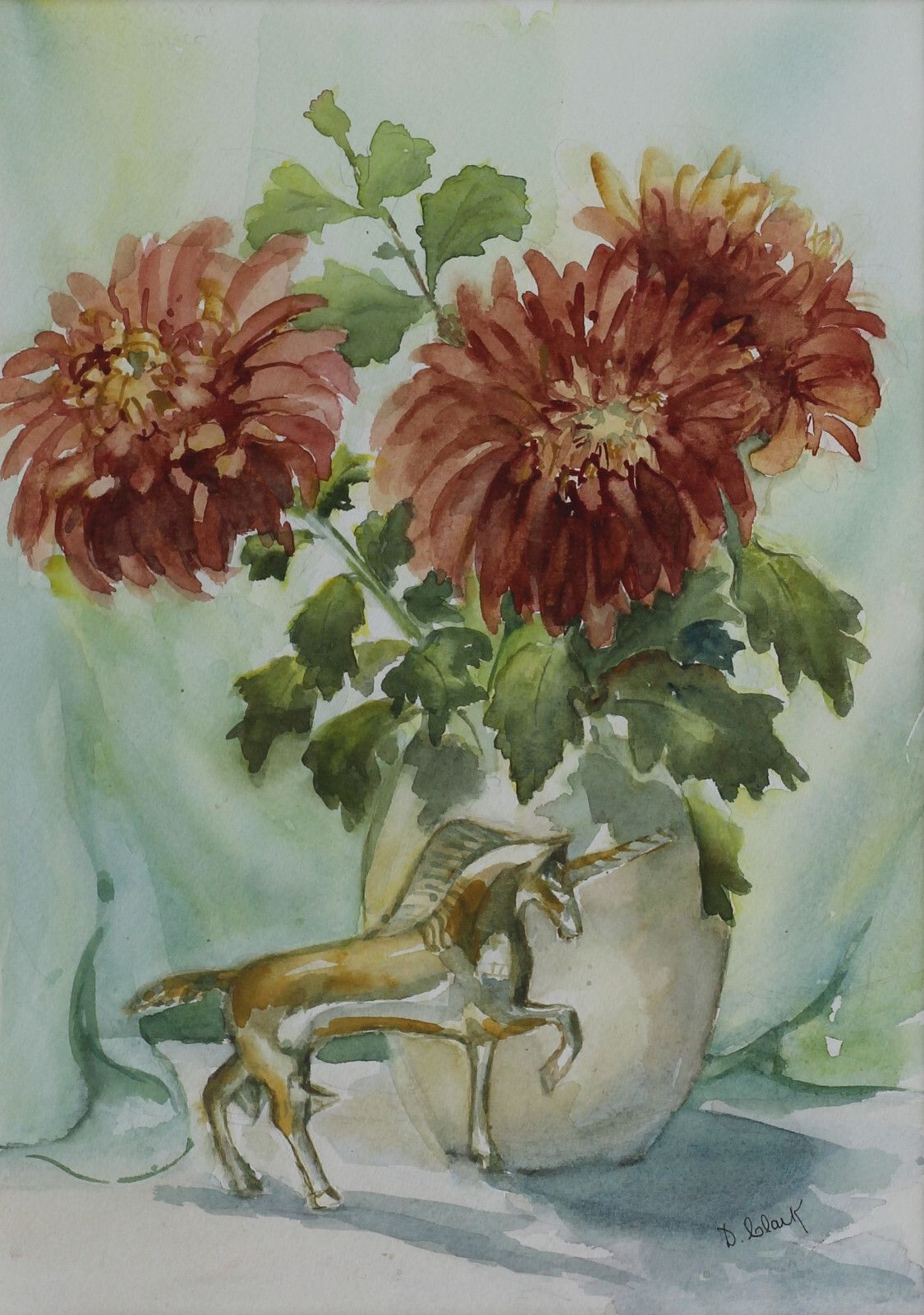 Watercolour By D. Clark. Subject Is Still Life, Flowers And Unicorn. photo furniture