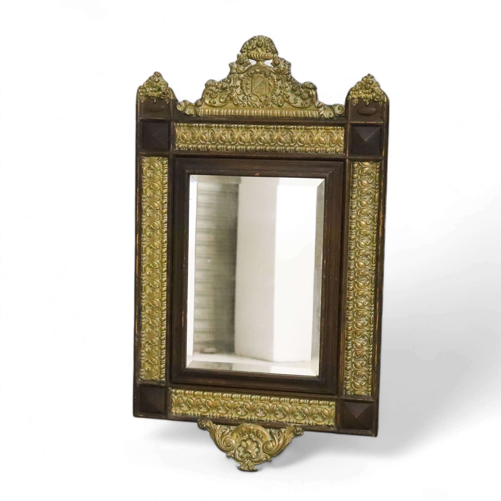 French Pressed Brass Mirror In Oak Frame With Family Crest Circa 1880