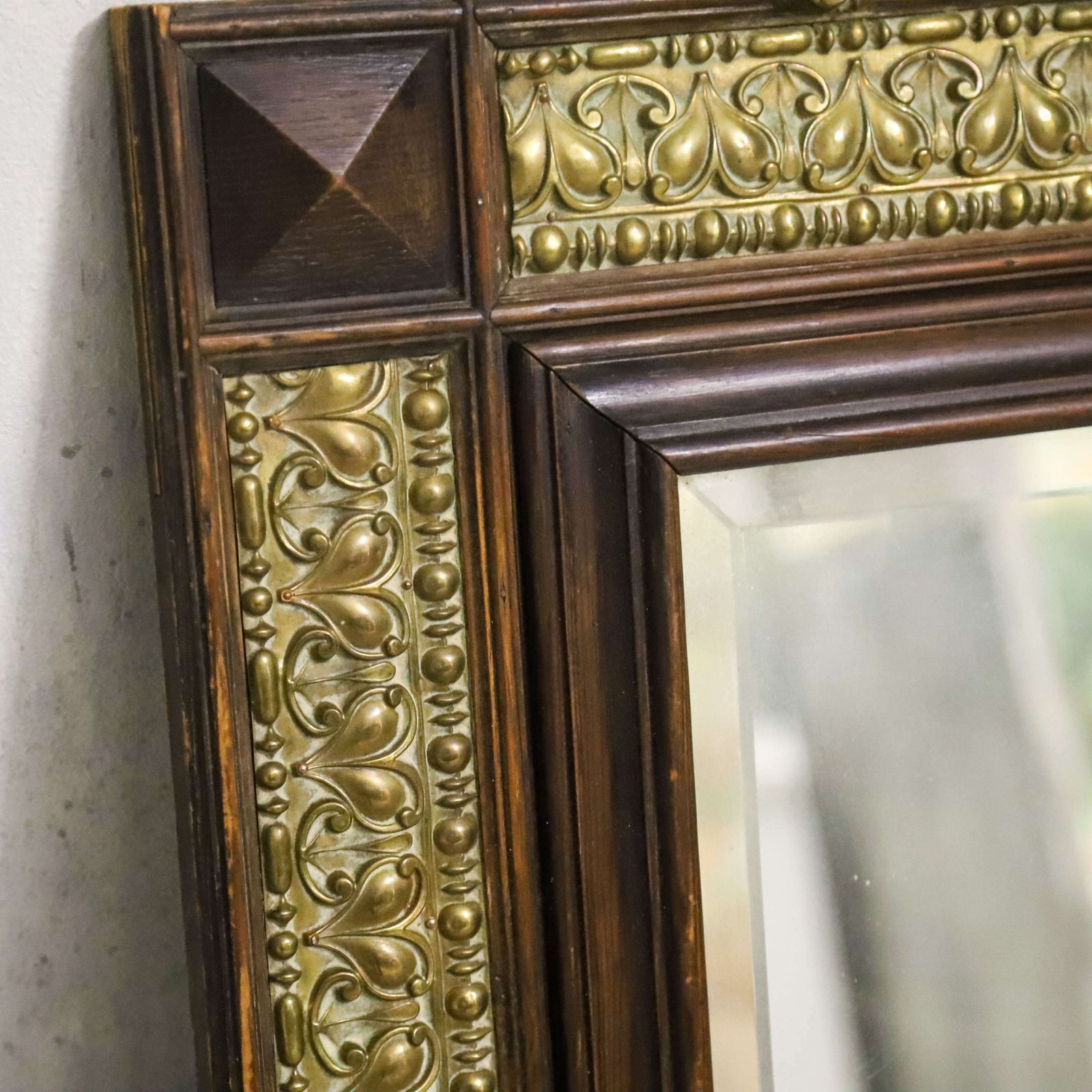 French Pressed Brass Mirror In Oak Frame With Family Crest Circa 1880 photo furniture