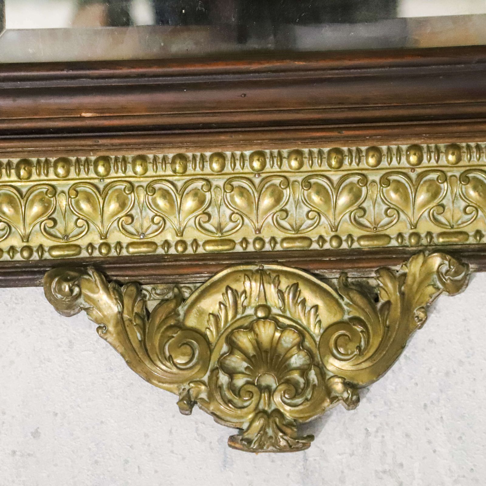 French Pressed Brass Mirror In Oak Frame With Family Crest Circa 1880 photo 625.0