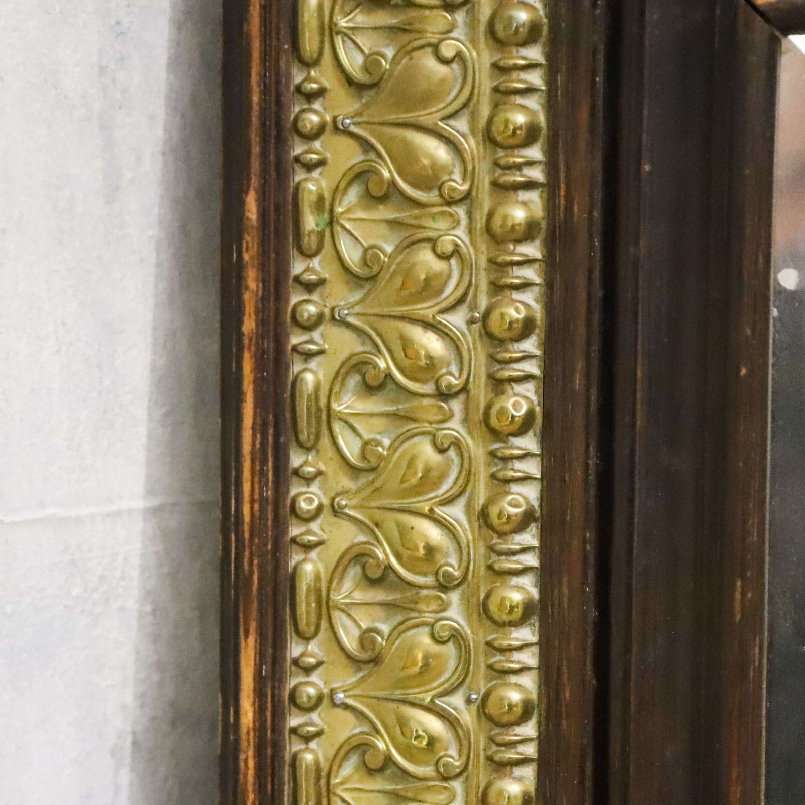 photo furniture French Pressed Brass Mirror In Oak Frame With Family Crest Circa 1880