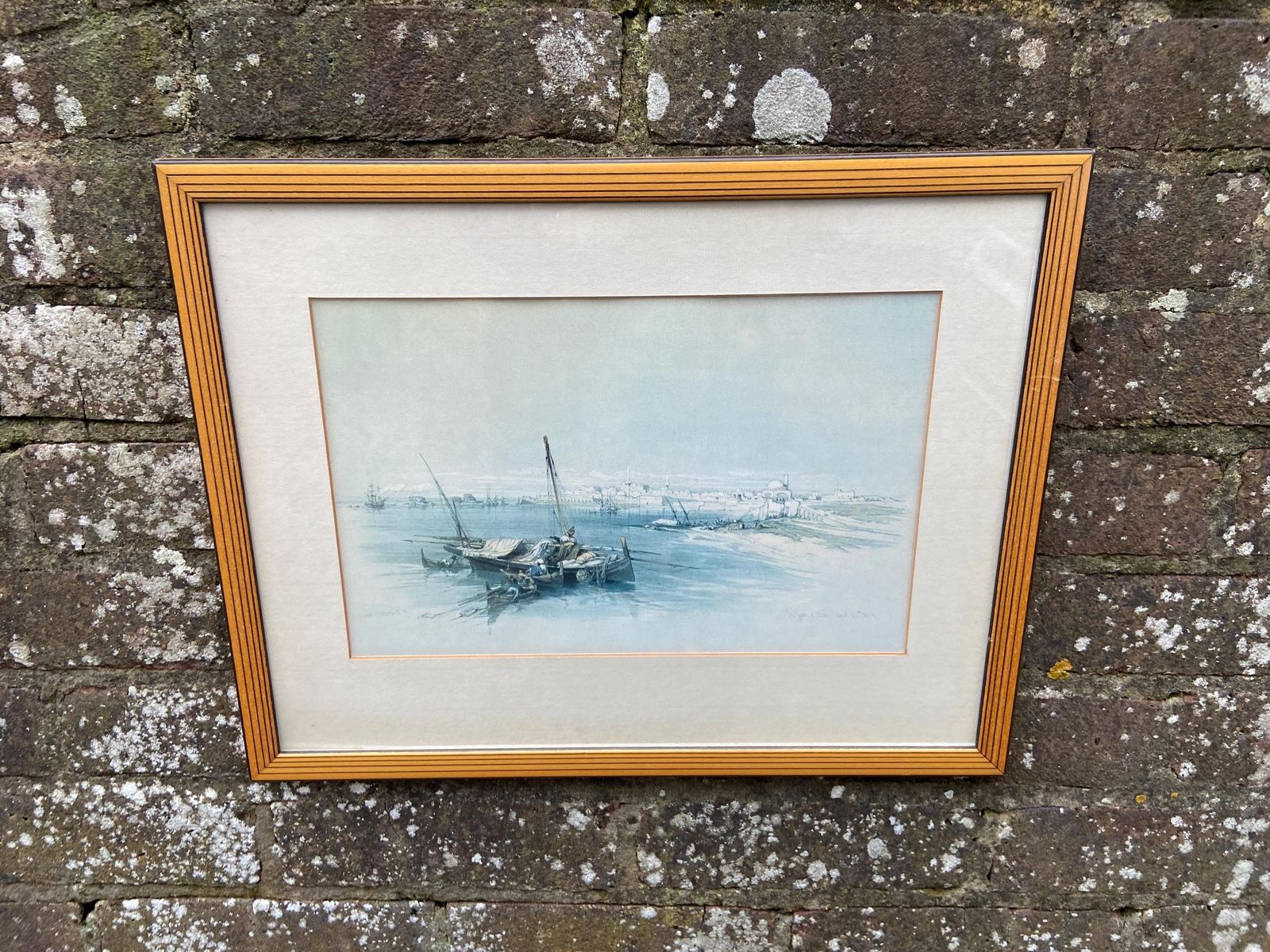 Pair Of Mid Century Vintage Wooden Frames With Geometric Detail   Light Golden Wood With Black Lines, Glazed Frames; David Roberts Prints X2 photo furniture