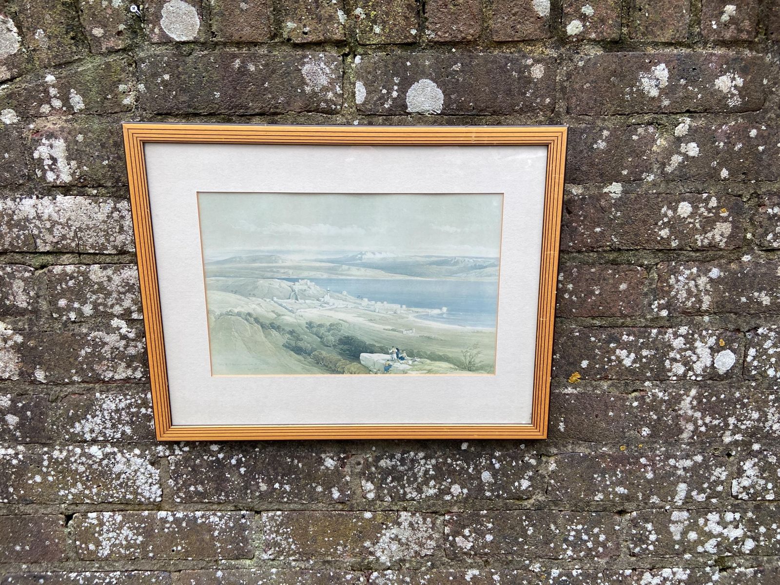 Pair Of Mid Century Vintage Wooden Frames With Geometric Detail   Light Golden Wood With Black Lines, Glazed Frames; David Roberts Prints X2 photo for sale