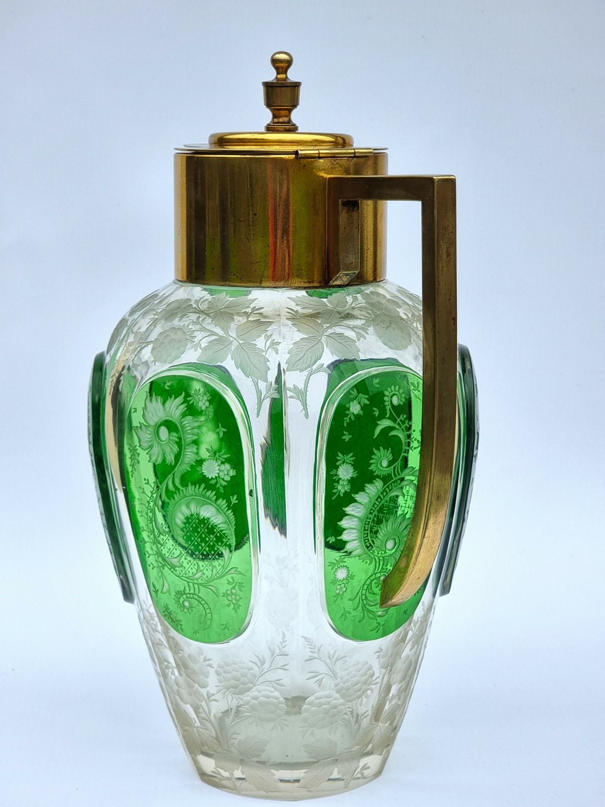 19th Century Bohemian Glass Claret Jug With Finely Cut Green Glass Panels Circa 1890 photo vintage