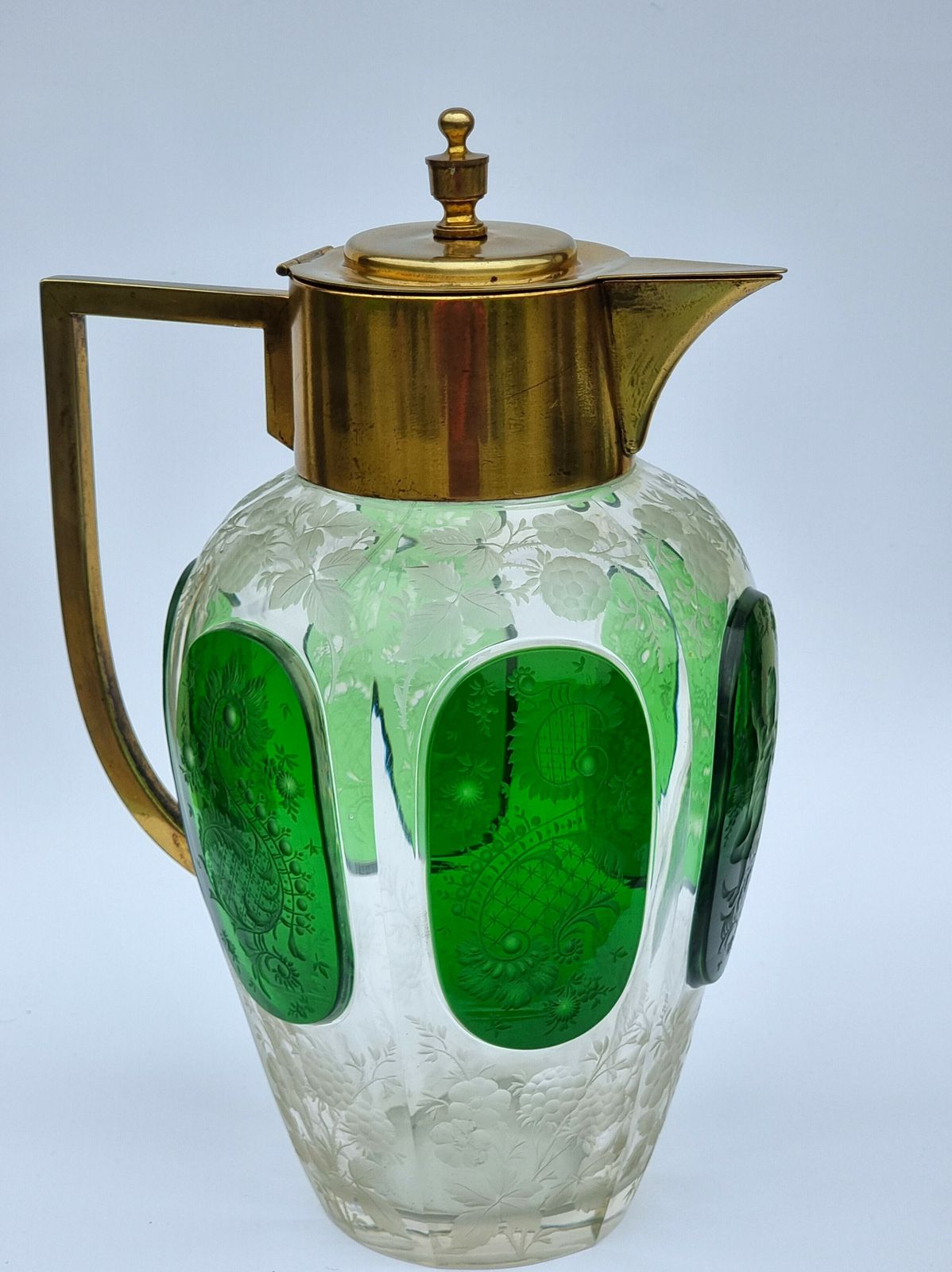 photo for sale 19th Century Bohemian Glass Claret Jug With Finely Cut Green Glass Panels Circa 1890