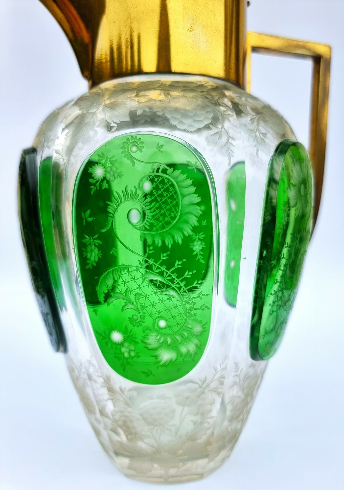 1295.0 19th Century Bohemian Glass Claret Jug With Finely Cut Green Glass Panels Circa 1890 photo