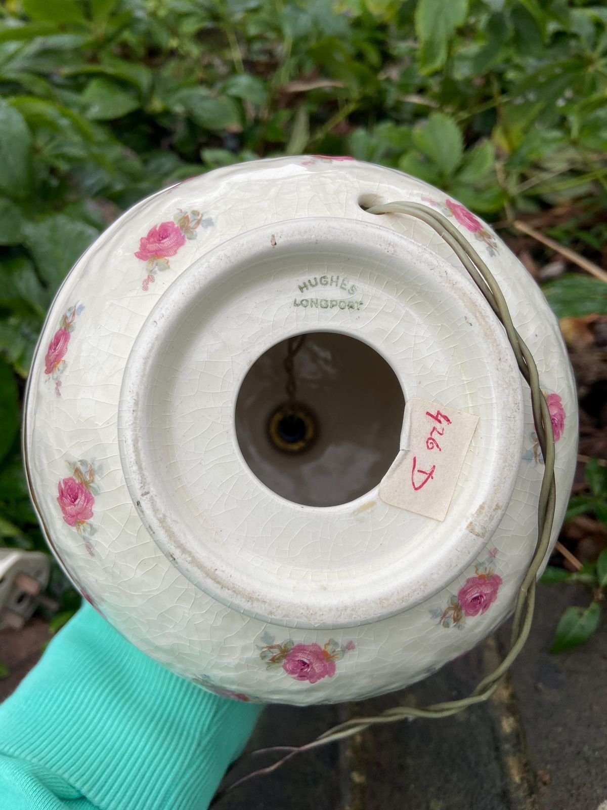 photo for sale 1950s Rounded Crackle Glaze Ceramic Lamp With Roses And Unusual Gold Band (Hughes Of Longport)