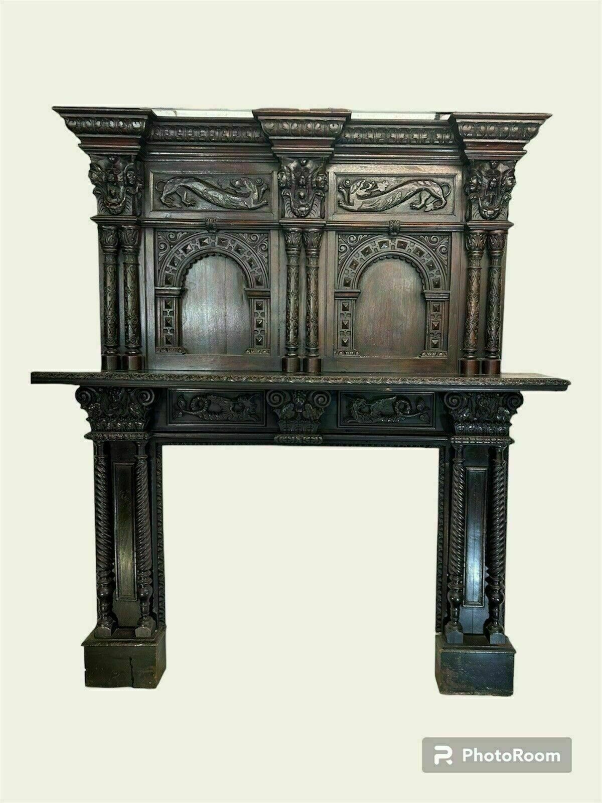 Solid Oak Carved Antique Fireplace Surround Period Wood Overmantel Reclaimed