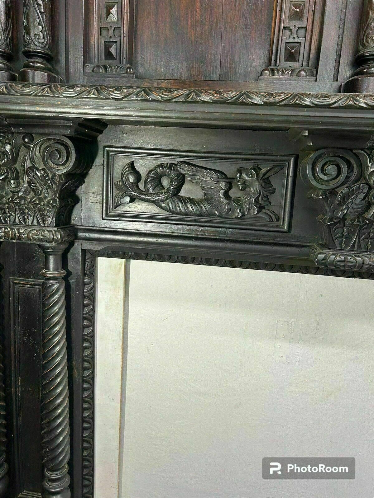 Solid Oak Carved Antique Fireplace Surround Period Wood Overmantel Reclaimed photo vinterior