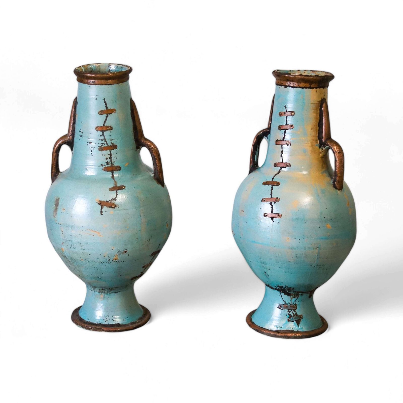 2 X French Artisan Vases With Turquoise Ceramique And Copperised Glaze