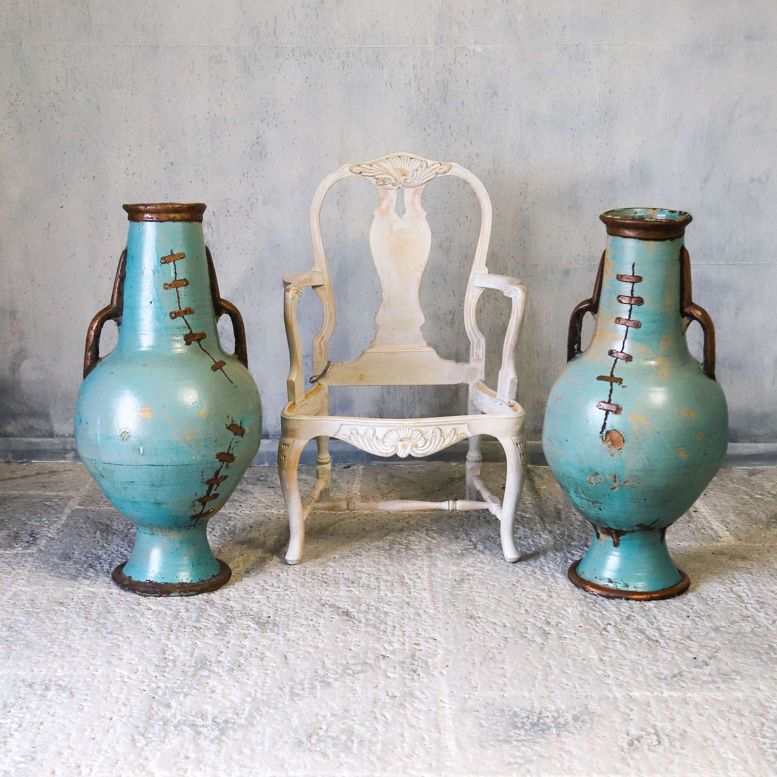 2 X French Artisan Vases With Turquoise Ceramique And Copperised Glaze photo furniture